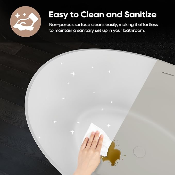 SJ STAR&JANE 63" x 38" Solid Surface Freestanding Bathtub, Oval Soaking Tub - Image 7