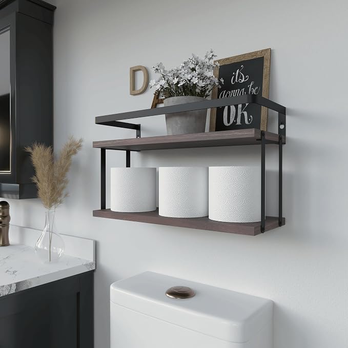 RICHER HOUSE Dual-Level Guardrail Bathroom Shelves, Wood Floating Shelf Wall - Image 3