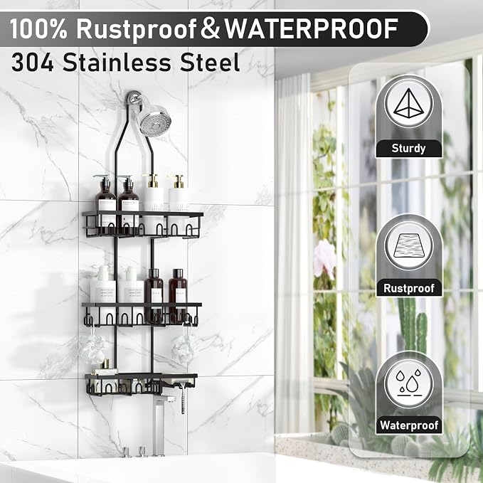 Shower Caddy, Rustproof Shower Shelves Over Shower Head, Extended Length shower - Image 2
