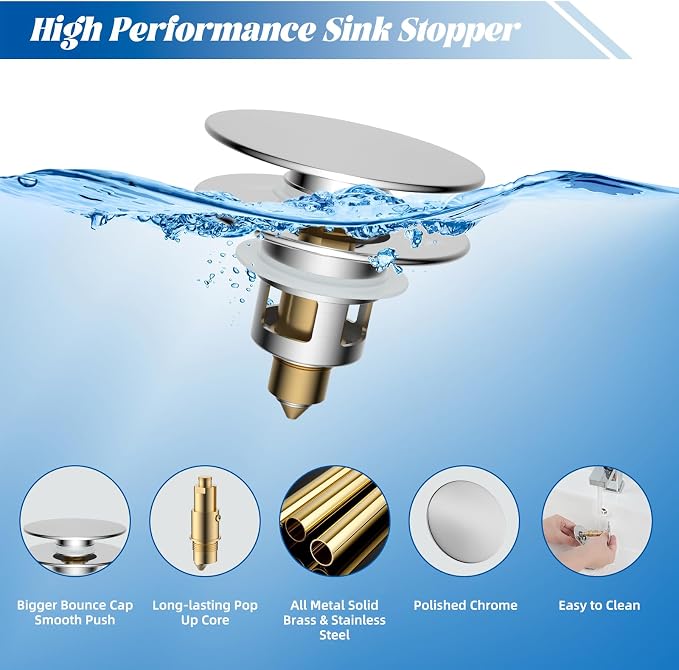 Hibbent 2 Pack All Metal Upgraded Bathroom Sink Stopper, Universal Pop Up Sink - Image 2