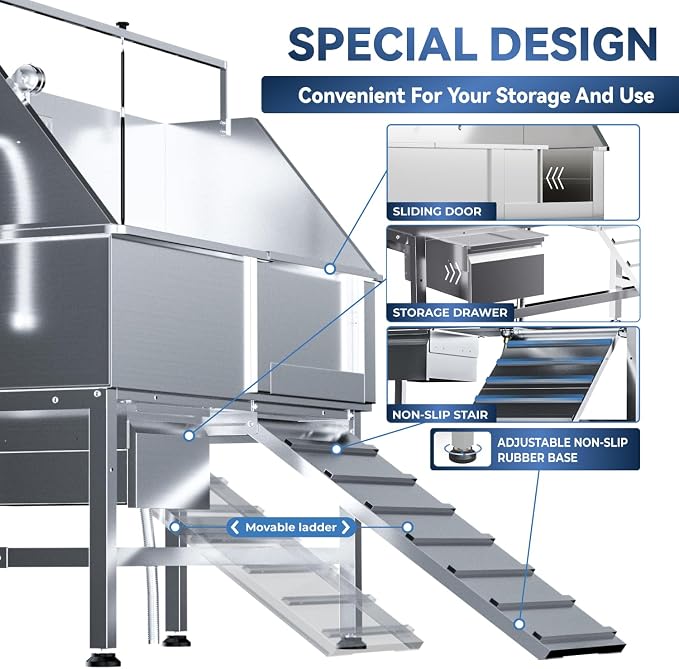 46" Dog Washing Station, Professional Stainless Steel Dog Bathtub w/Ramp & - Image 5