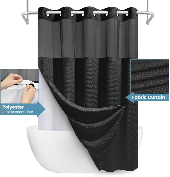 Black Long Shower Curtain with Liner - Image 4