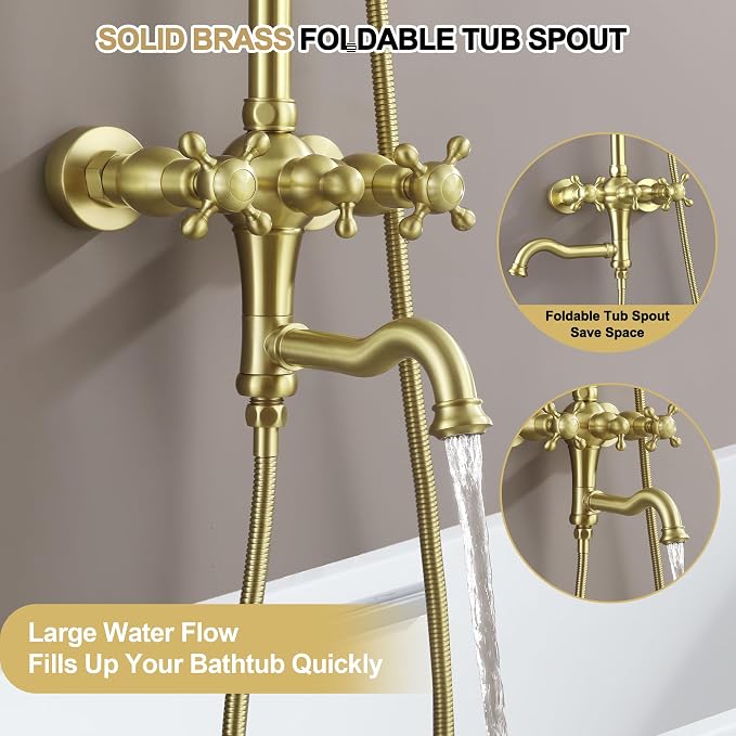 Exposed Shower System Brushed Gold, Antique Brass Shower Faucet Set - Image 5