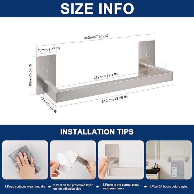 NearMoon Self Adhesive Bathroom Towel Bar, Stainless Steel Square Bath Wall - Image 2