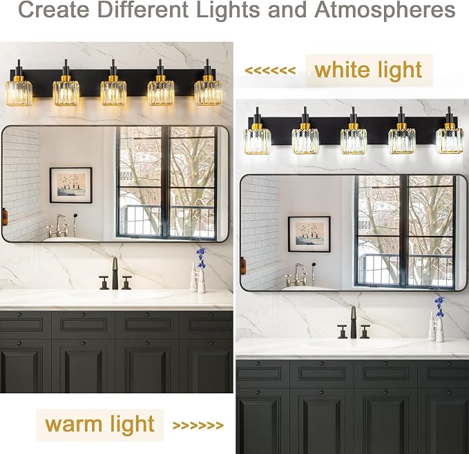 Modern Crystal Bathroom Vanity Light Black Gold 5-Lights Bathroom Lighting - Image 2