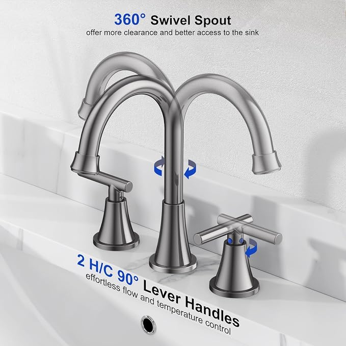 Bathroom Faucets for Sink 3 Hole, Hurran 8 inch Widespread Brushed Grey - Image 3