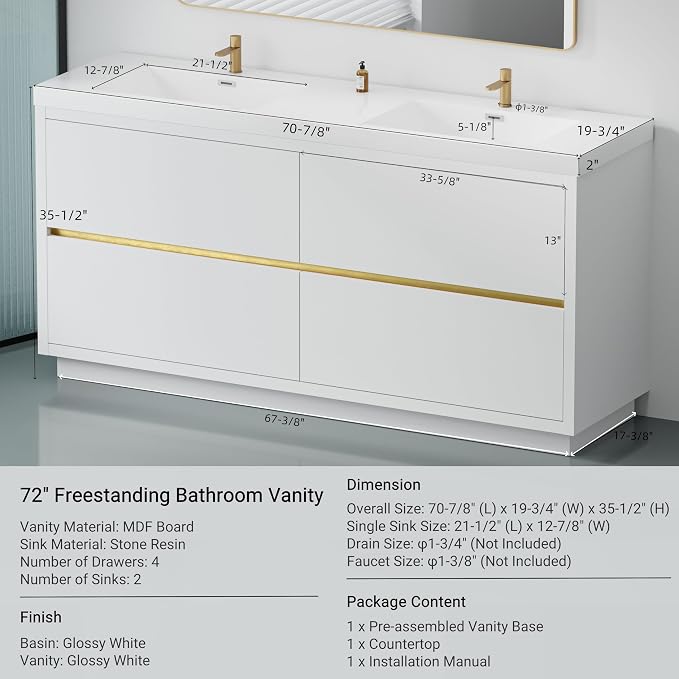 72 Inch Bathroom Vanity with Sink, Double Sink Bathroom Vanity, Freestanding - Image 6