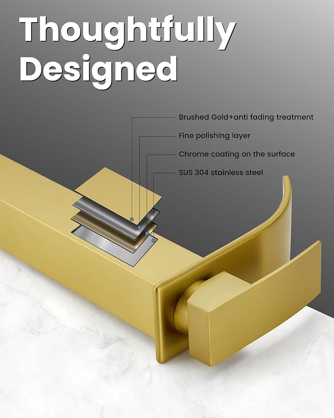Airuida Brushed Gold Tall Waterfall Bathroom Vessel Sink Faucet Modern Bathroom - Image 7