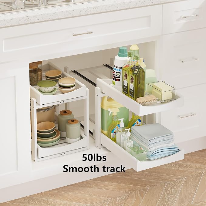 Bamboo Under Sink Organizer Adjustable Height 2 Tier Bathroom Organizer Pull - Image 3