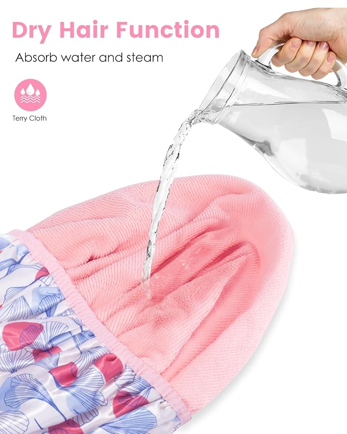 Auban Shower Cap, Shower Cap for Women Terry Cloth Lined EVA Exterior Reusable - Image 6
