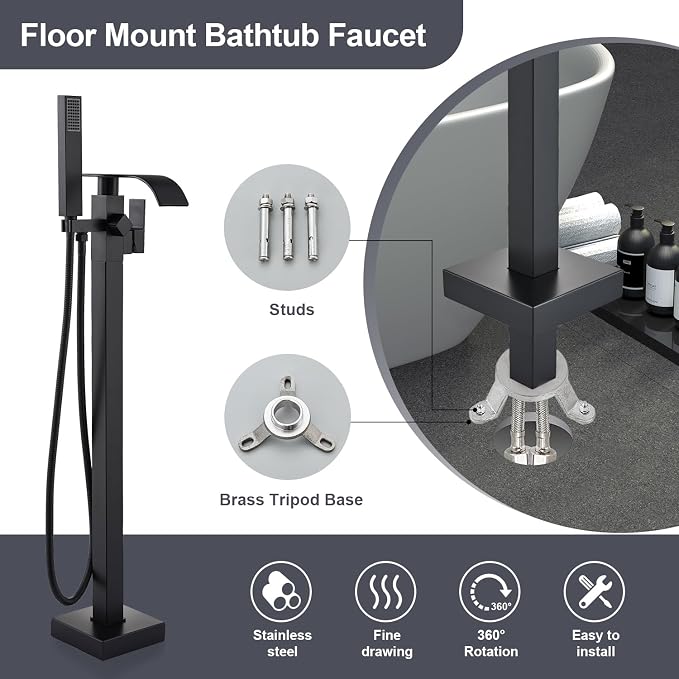 Senlesen Matte Black Free Standing Tub Faucet Floor Mounted Tub Filler Faucet - Image 6