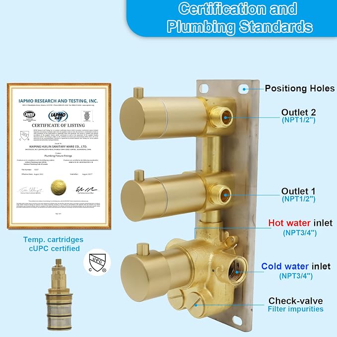 HOMEDEC 2 Way Shower Diverter Valve, Brass Dual Functions Thermostatic Shower - Image 3