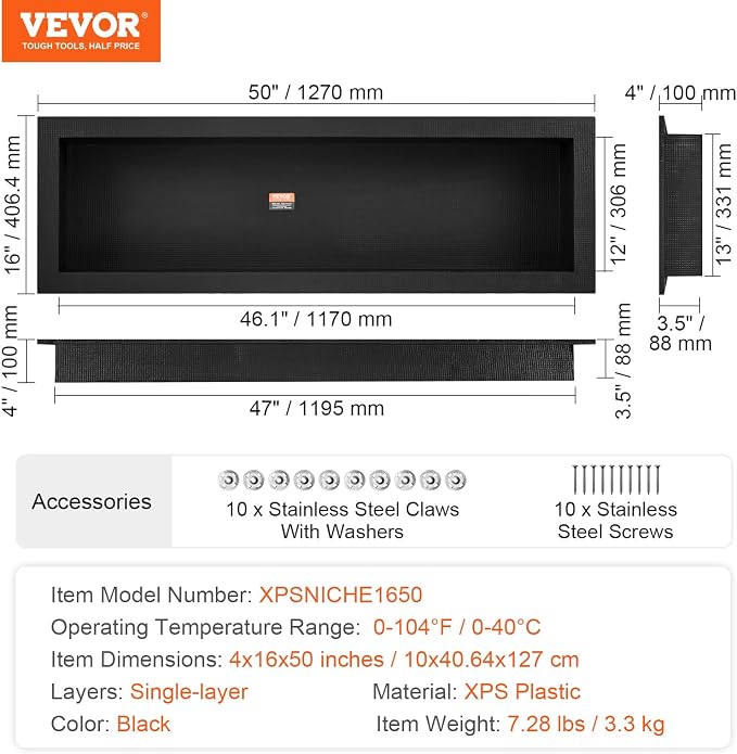 VEVOR Shower Niche Ready for Tile 16" x 50", Single Shelf Organizer, Square - Image 9