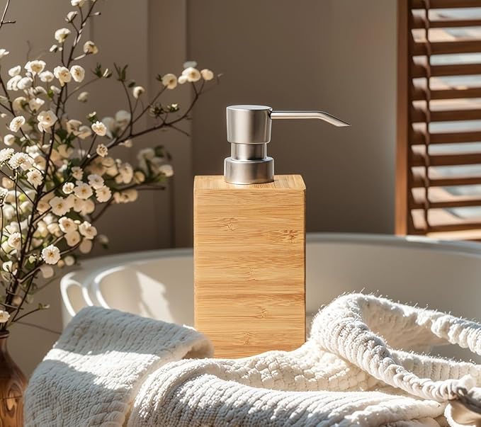 Bamboo Soap Dispenser with Anti-Slip Pads and Stylish Horizontal Wood Grain - Image 8
