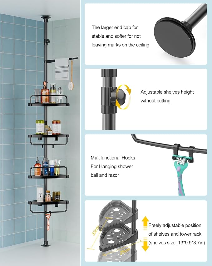 4 Layer Corner Shower Caddy, Stainless Steel ​Constant Tension Pole Shower - Image 5
