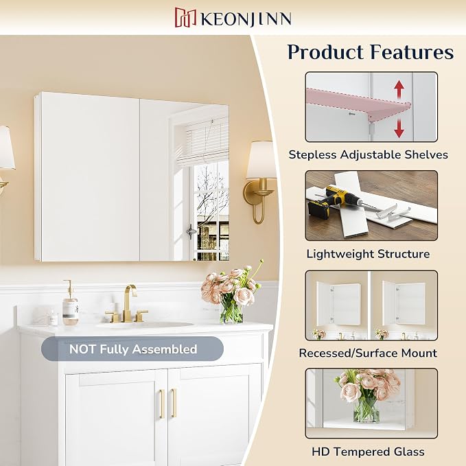 Keonjinn 60 x 32 Inch Medicine Cabinet, Assembly Required, Lightweight - Image 2