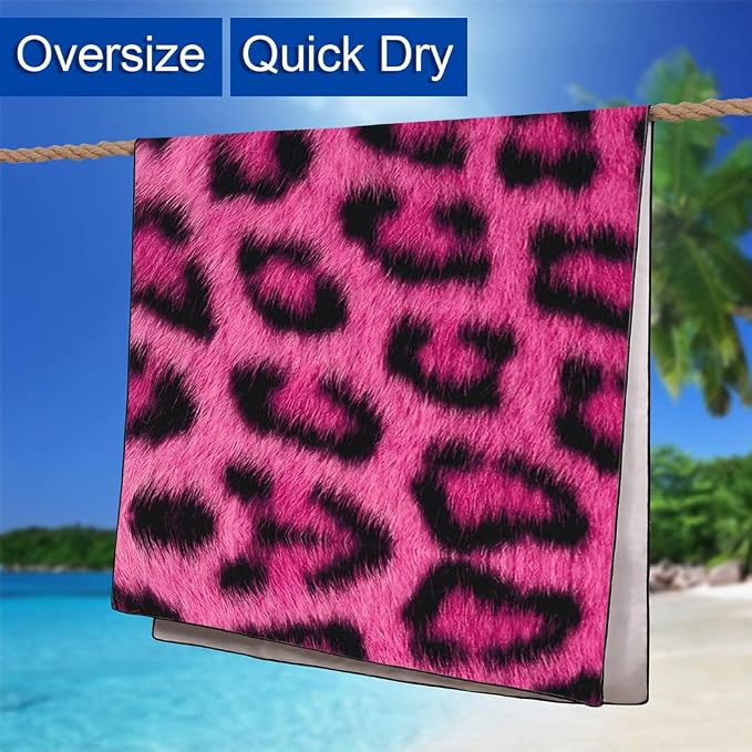 Pink Leopard Print Love Beach Towel 36"x72" Quick-Dry Sand-Free Soft Microfiber - Image 6