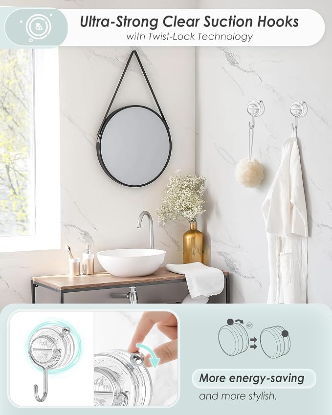 Suction Cup Hooks for Shower, Upgrade Twist-Lock Clear Suction Towel Hooks - Image 2