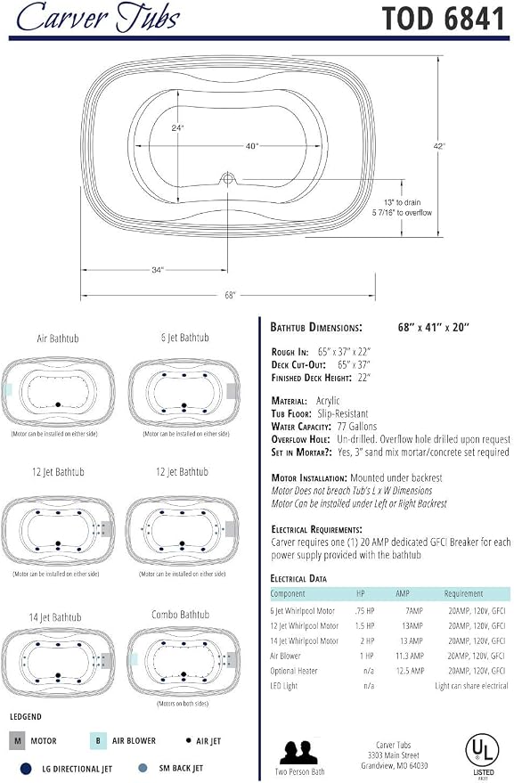 Carver Tubs - TOD6841 - Modern Acrylic Fiberglass Whirlpool Tub Water Massage - Image 7