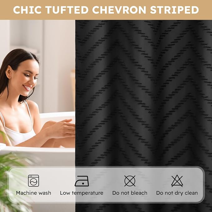 No Hook Shower Curtain and Snap in Liner Set Black Tufted Chevron Striped Cloth - Image 4