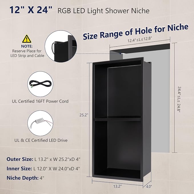 12" X 24" RGB LED Shower Niche No Tile Needed, 304 Stainless Steel Shower Niche - Image 2