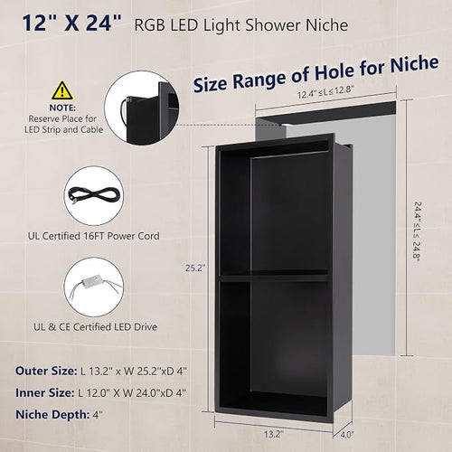 12" X 24" RGB LED Shower Niche No Tile Needed, 304 Stainless Steel Shower Niche - Image 2