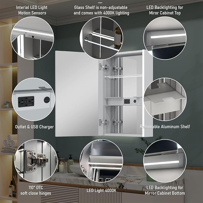 WELLFOR 20" x 30" LED Mirrored Bathroom Cabinet, Mirror Medicine Cabinet - Image 7