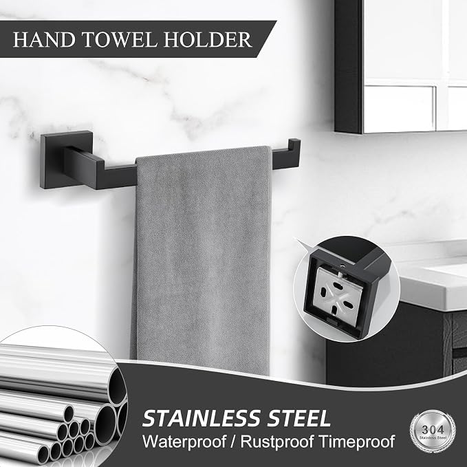 TURS Black Bathroom Towel Bar Set Square 5 Pieces Bathroom Hardware Set Matte - Image 3