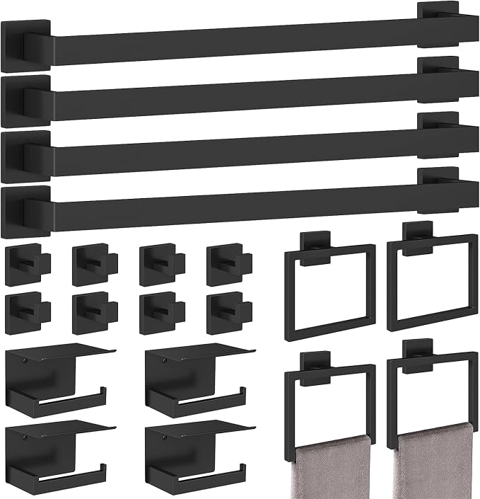 20-Pieces Matte Black Bathroom Hardware Set, 24 Inch Bath Towel Bar Set by STWWO