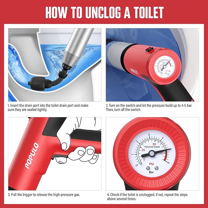 POPULO Electric Toilet Plunger Swift High Pressure Drain Unclogger Plungers - Image 4