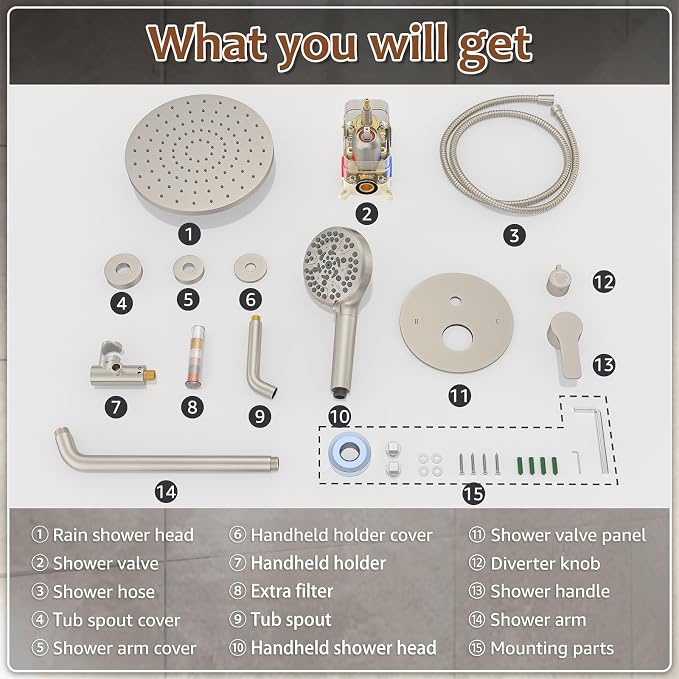 Iriber Brushed Nickel Bathtub Shower Faucet Set，Bathroom Shower System - Image 9