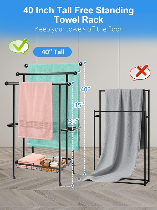 Freestanding Towel Rack, 3-Tier Heavy-Duty Metal Stand - Image 4