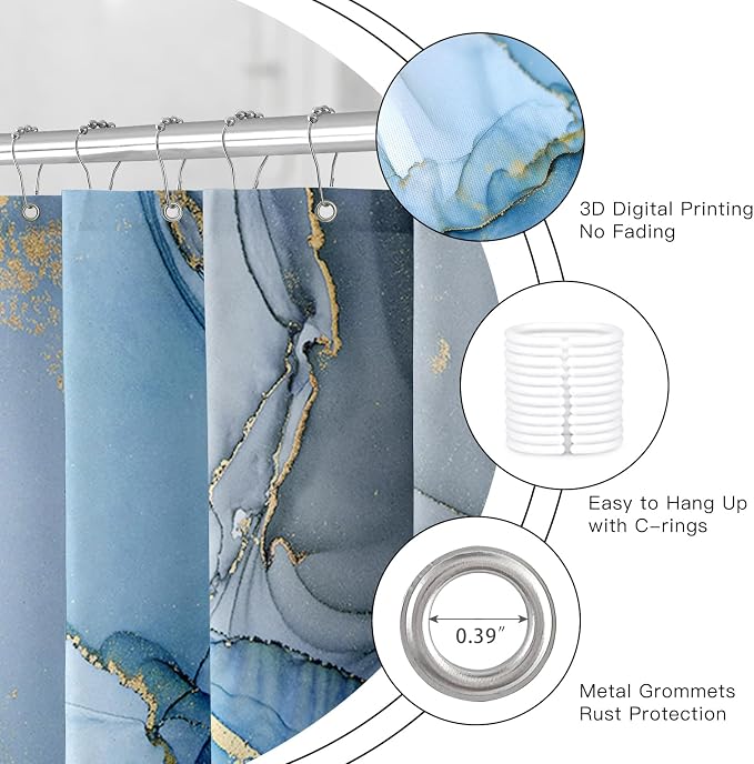 Blue Marble Shower Curtain, Modern Abstract Fabric Shower Curtains - Image 5