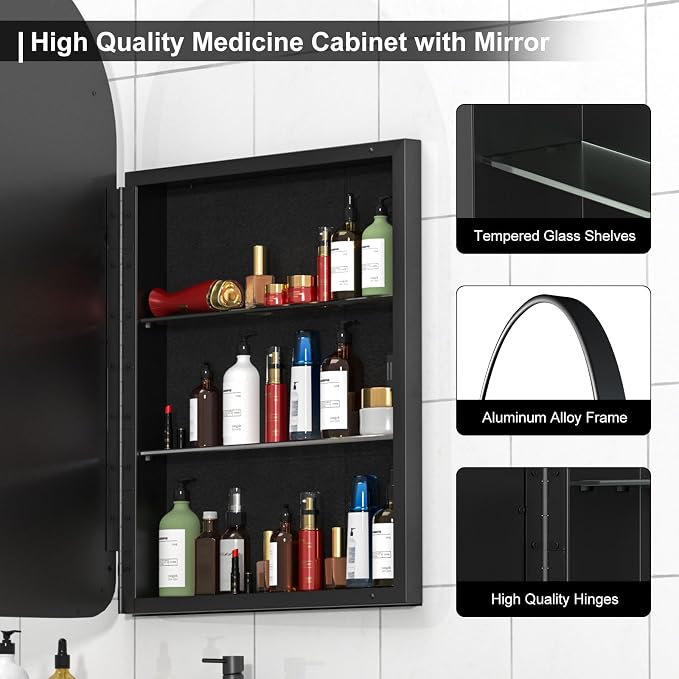 Arched Medicine Cabinet with Mirror, 20x31 Inch Black Recessed Bathroom Cabinet - Image 4
