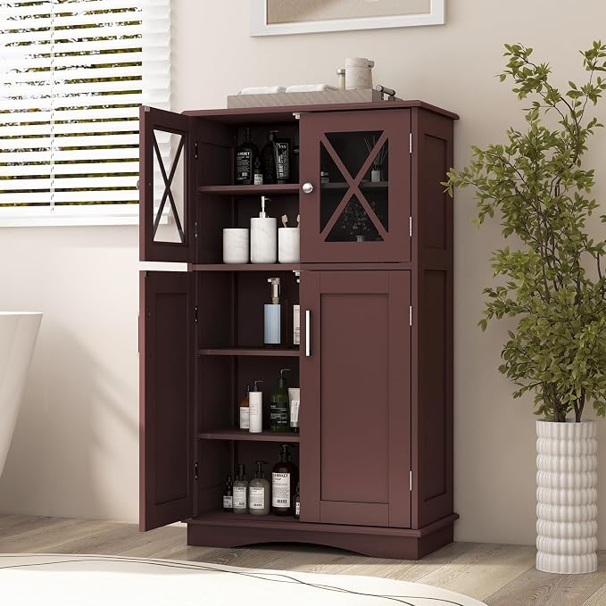 Tangkula Freestanding Floor Cabinet w/2 Glass Doors, 3-Level Adjustable Shelves - Image 2