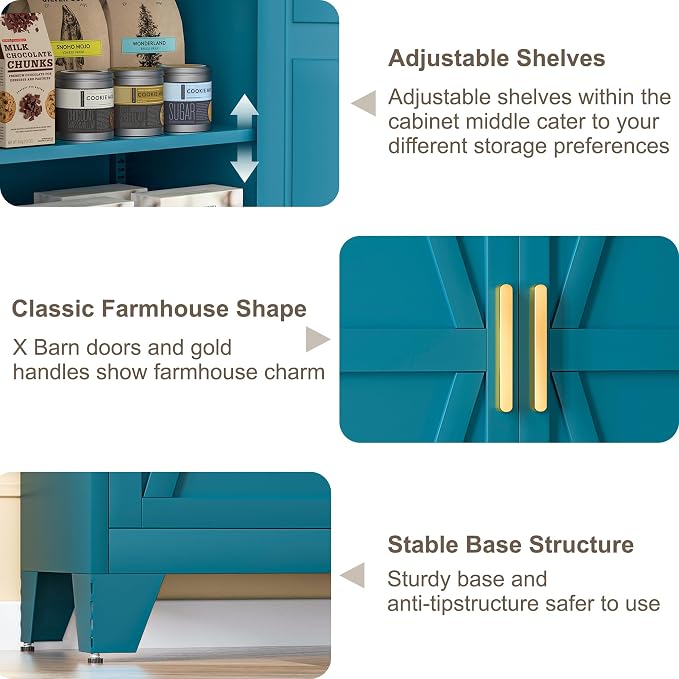 61H Metal Storage Cabinet with 2 Doors and Adjustable Shelves, Farmhouse - Image 6