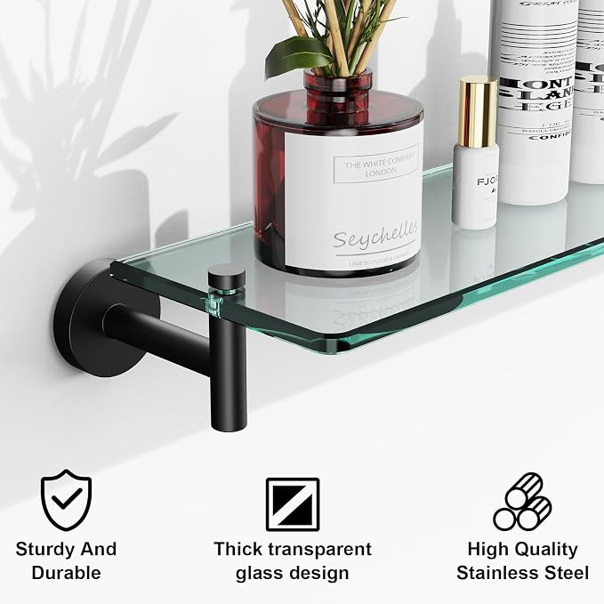 Glass Shelves for Bathroom, 20-Inch Matte Black Floating Bathroom Shelf - Image 6