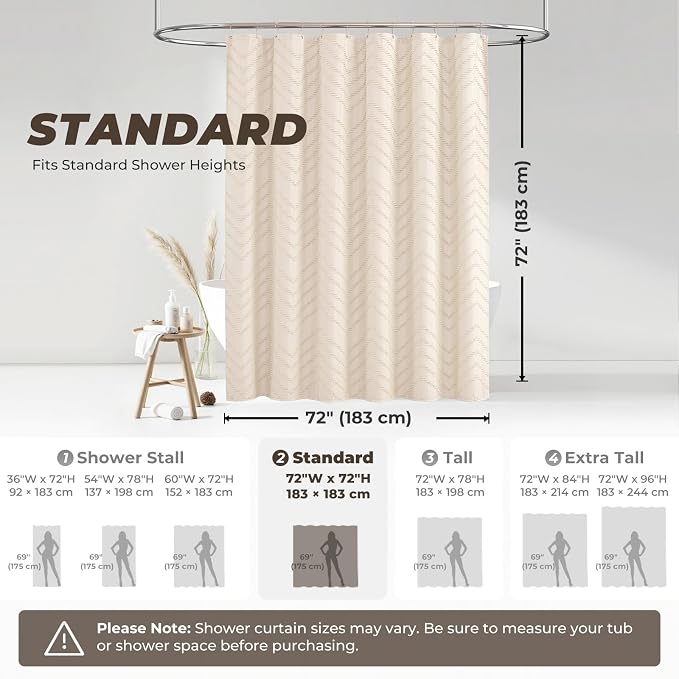 Cream Shower Curtain Boho Farmhouse Shower Curtain 72”W x 72”L Tufted Chevron - Image 2