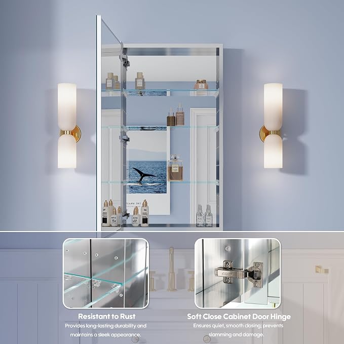 WELLFOR 20" x 36" Bathroom Medicine Cabinet, Anodized Chrome Aluminum Frame - Image 4