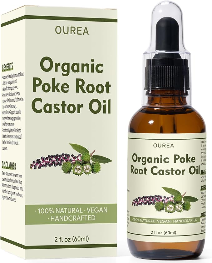 Organic Poke Root Castor Oil – 2 Fl Oz Natural Lymphatic Support Massage Oil by Ourea