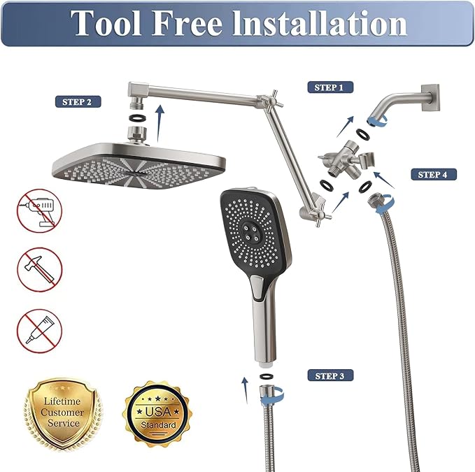Rain Shower Head with Handheld Spray Combo, 12 Inch Rainfall Shower Heads with - Image 2