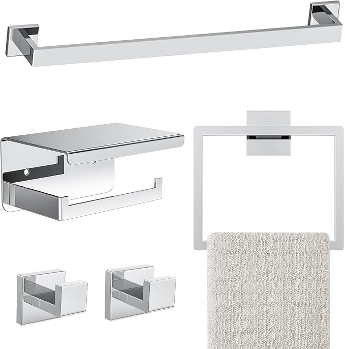 5-Pieces Polished Chrome Bathroom Hardware Accessories Set, 16 Inch Towel Bar by Kiakuoow