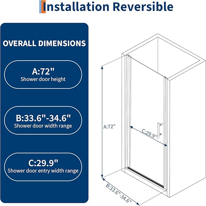 33.6-34.6" x 72" Frameless Shower Door - Image 2