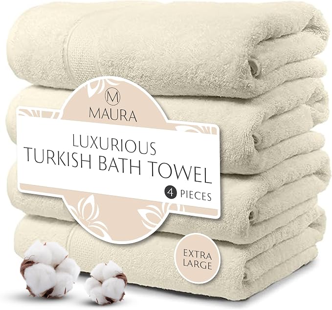 MAURA Ivory Extra Large Turkish Cotton Luxury Bath Towels Set of 4. Ultra-Soft by MAURA