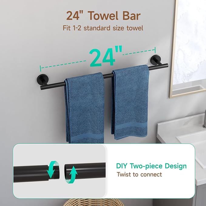 USHOWER Matte Black Bathroom Hardware Set, Modern 24-Inch Towel Bar Set Wall - Image 3