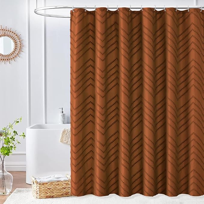 Extra Long Orange Boho Shower Curtain 84 inch Shower Curtain, Tufted Chevron - Image 6