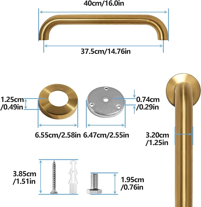 Shower Grab Bar, 2 Pack 16 Inch Gold Bathroom Safety Bar, 1.25" Diameter 304 - Image 2