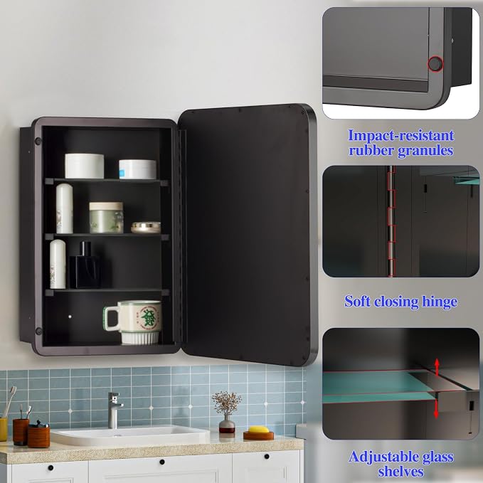 Bathroom Medicine Cabinet with 20"x30" Stainless Steel Framed Mirror, Recessed - Image 6