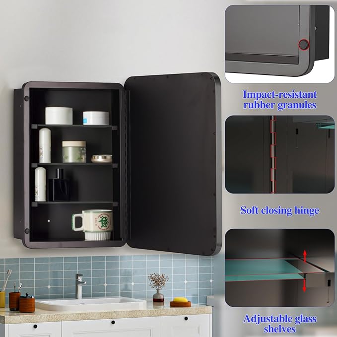 Bathroom Medicine Cabinet with 16"x20" Stainless Steel Framed Mirror, Recessed - Image 6