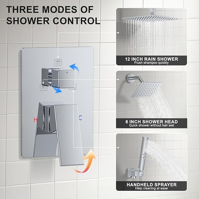 Chrome Shower Faucet Set, Ceiling Mount Shower System 12" & 6" Dual Shower Head - Image 6